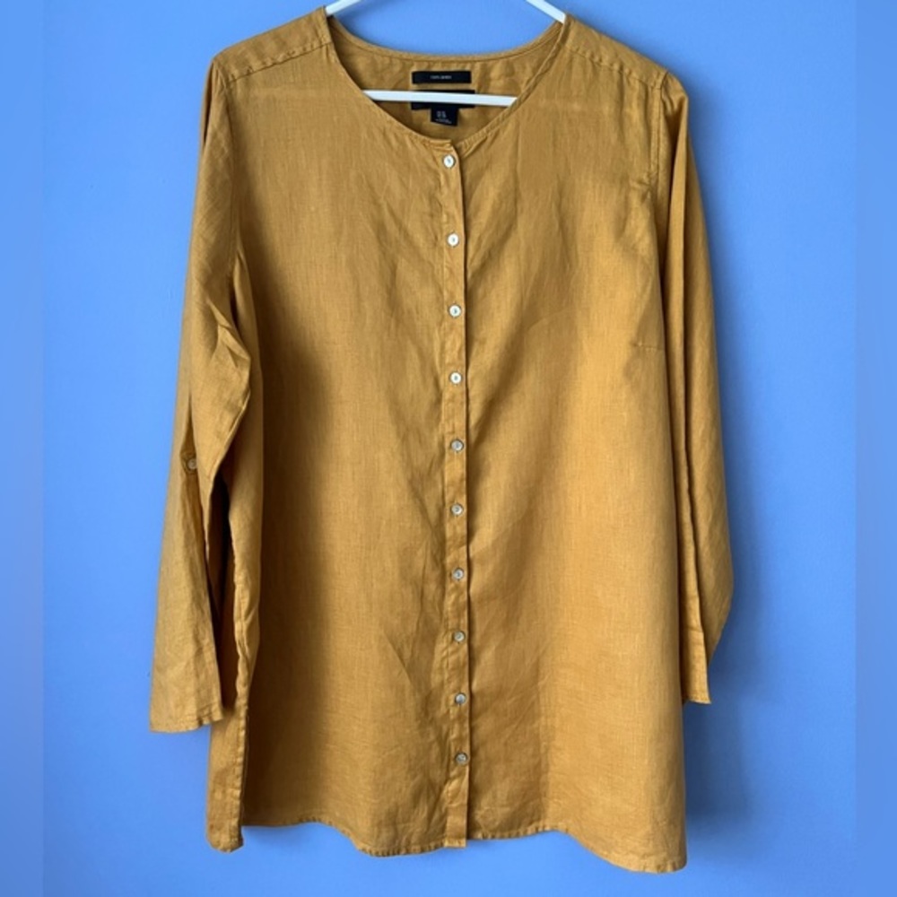 Tahari Linen Button‎ Up Shirt Tunic Roll Tab Sleeve in Dark Mustard 1X